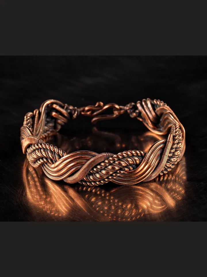Wire wrapped bracelet, Unique 7th 22nd Anniversary gift idea, Art Nouveau antique style, One of kind braided statement bangle, Handmade oxidized pure copper jewelry, Pain relief, EMF protection