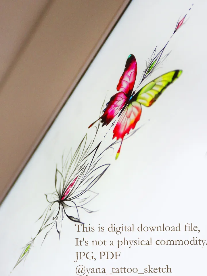 Butterfly Tattoo Design Colored Ornamental Lotus Flower And Butterfly Tattoo Idea Stencil Sketch, Instant download PDF, JPG
