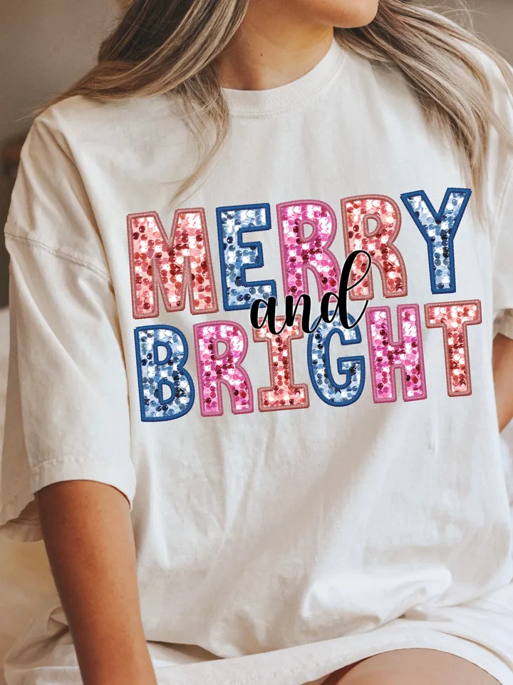 GLITTER MERRY & BRIGHT Christmas png, glitter Christmas png, faux embroidery faux sequins png digital file pretty christmas faux glitter png
