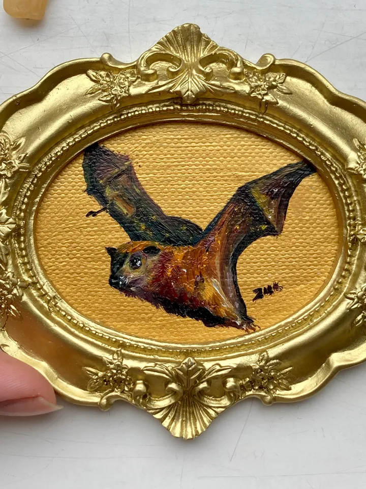 Fox Bat Painting Original Framed Small Oil Painting Gold Frame Goth Art