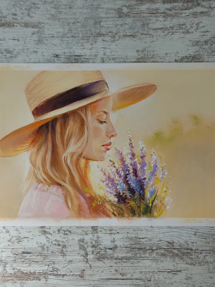 A Girl with a Bouquet of Lavender. Original soft pastel drawing.