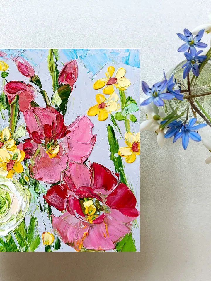 Wildflower Painting Mallow Daisy Original Art 6x6” Floral Gladiolus Buttercup Mini Landscape Art Small Unique Art Decor by ArtProkopaloSv