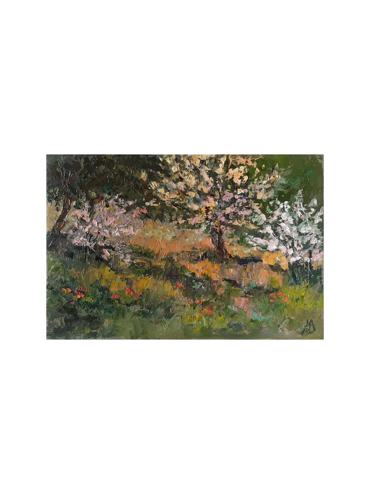 Blooming Trees Painting 8x12" Spring Landscape ORIGINAL Artwork Impressionist Hillside ART Signed by artist Marina Chuchko