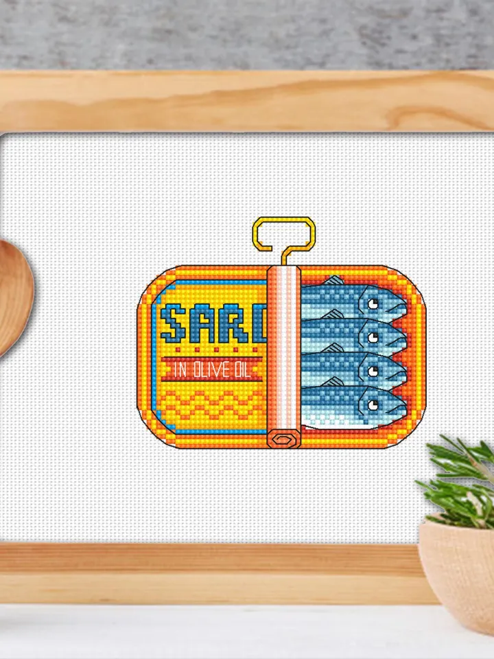 Sardines can cross stitch pattern PDF instant download Set of 3 Vintage tinned sardines cross stitch chart, Fish pattern digital PDF #F28
