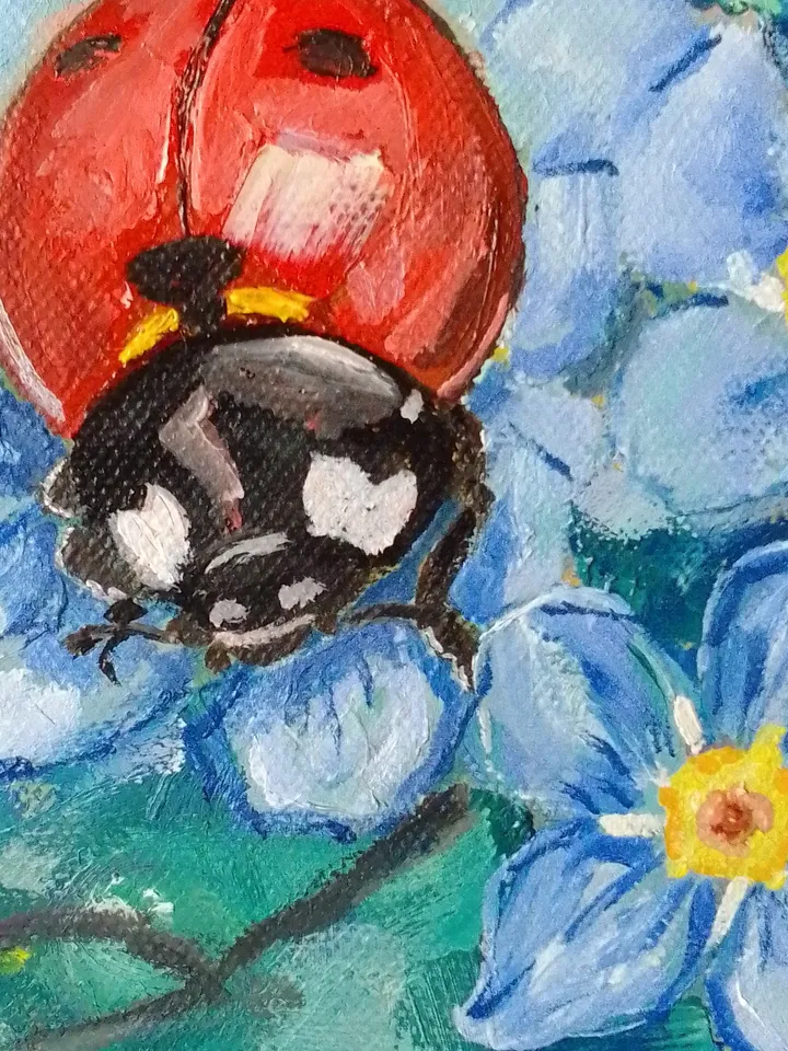 Ladybug Painting Original Art Animal Flower Painting Floral Small Art Insect