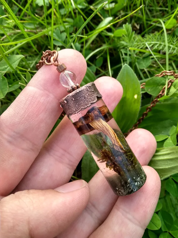 Magic mushroom necklace with green moss and Pyrite gemstone Resin pendant with mushroom Forest jewelry