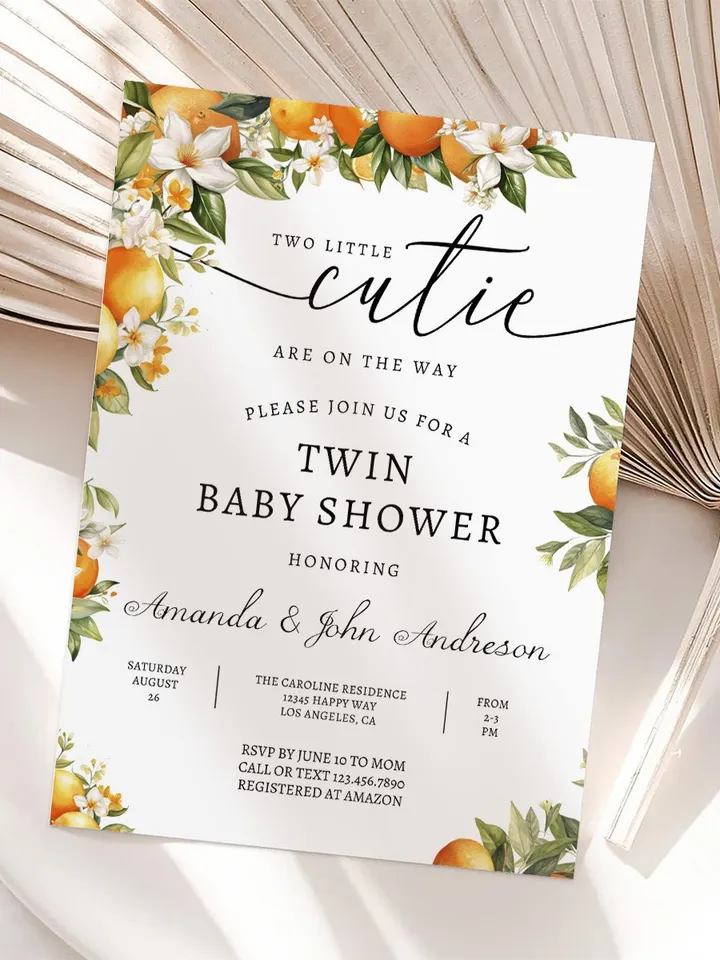 Two Little Cuties Are On The Way Baby Shower Invitation, Clementine Shower Invite, Orange Baby Shower, Twin Baby Shower Invite - I104