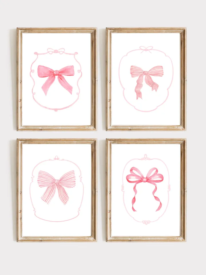 Pink Bow Watercolor Painting ,Set Of 4, Wall Art Prints
