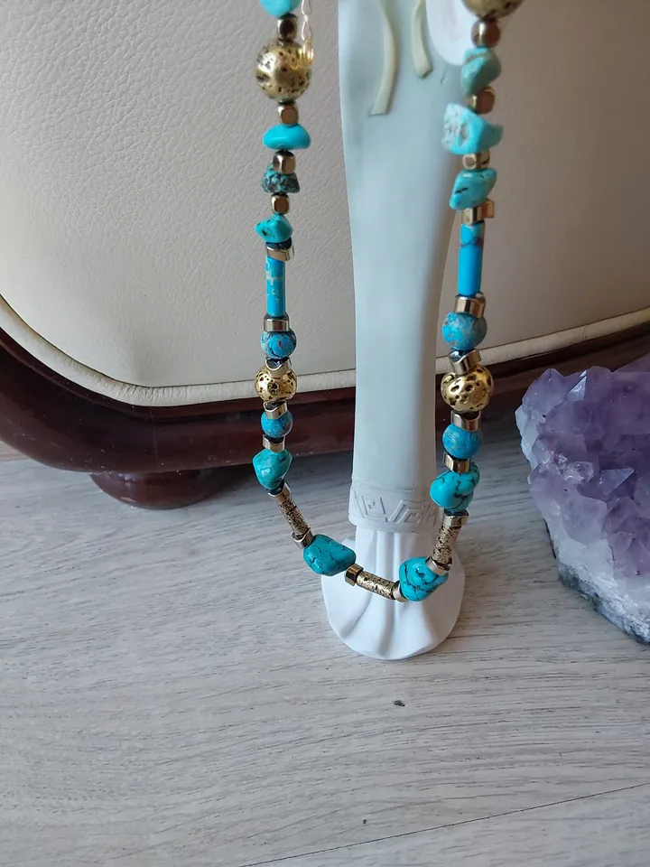Choker, necklace, beads made of turquoise, volcanic lava, tinted in antique gold colorand, gilded hematite. Length 42-50cm