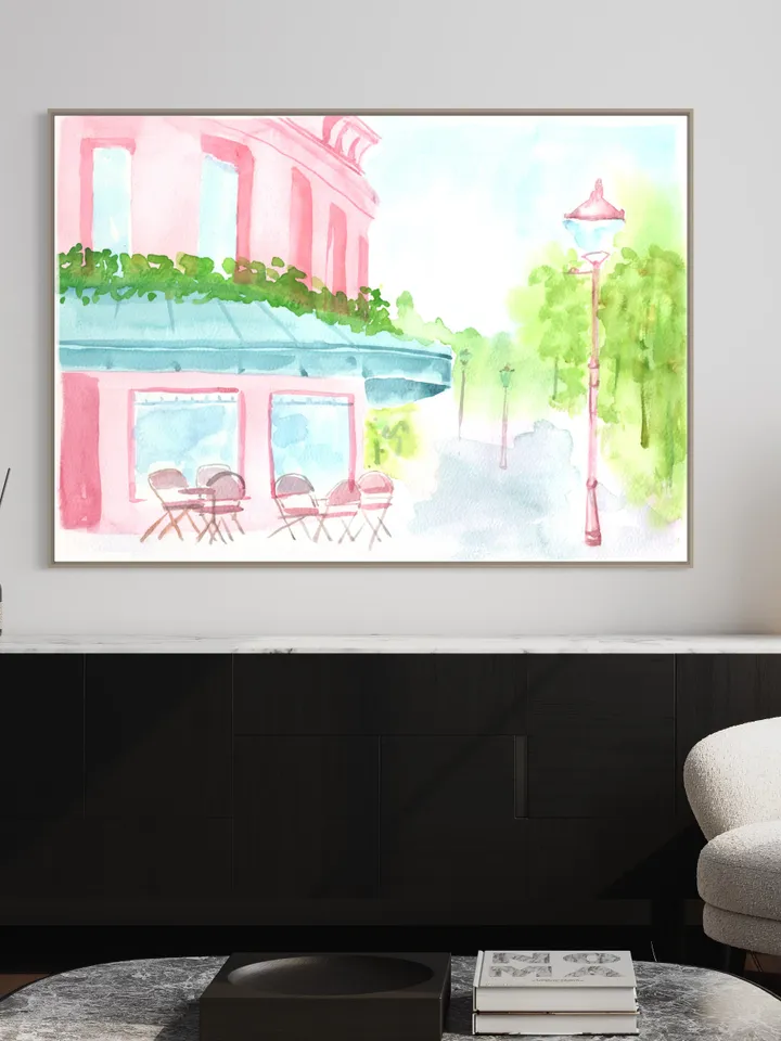 Pink Blue French Street Painting, French Watercolor, Pastel Pink Wall Art, Pink House Painting, Cityscape Watercolor, Gift For Her, Pink Art