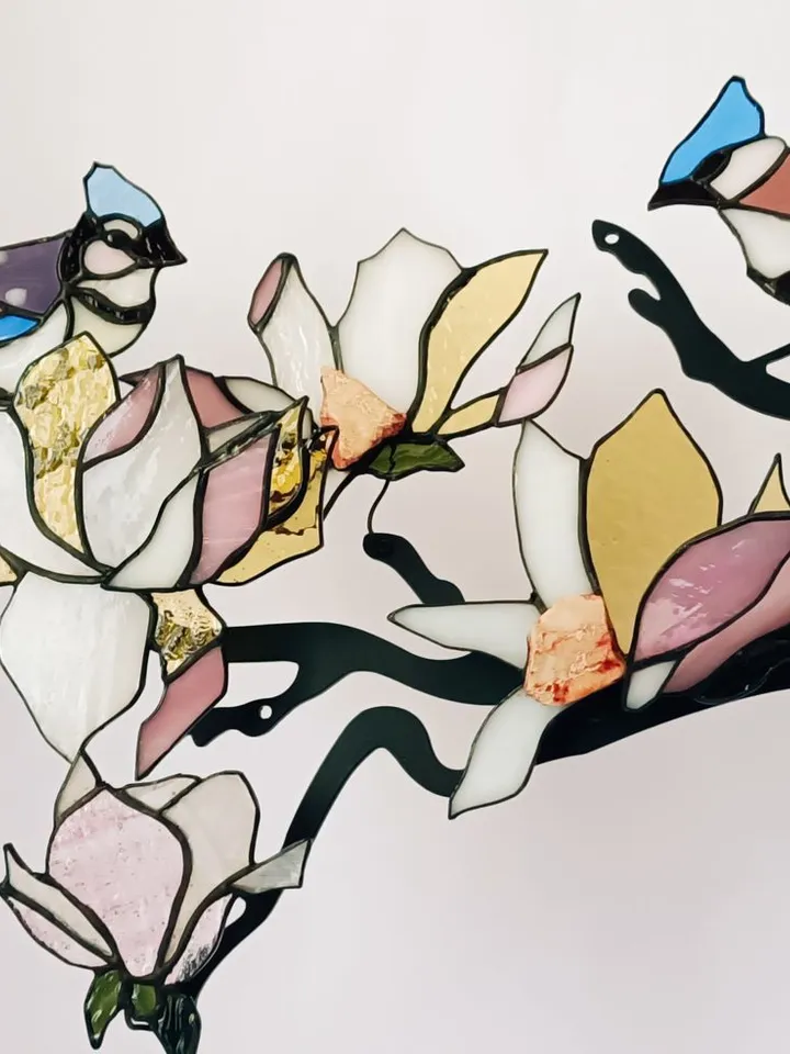 Jays on Magnolia Branch (Pink Large Flowers), Tiffany Stained Glass, Tiffany Glass Jay Birds on Magnolia Branch with Pink Blooms, Handcrafted Stained Glass Jays on Magnolia with Large Pink Flowers, Tiffany-Style Glass Art,Tiffany Stained Glass Composition