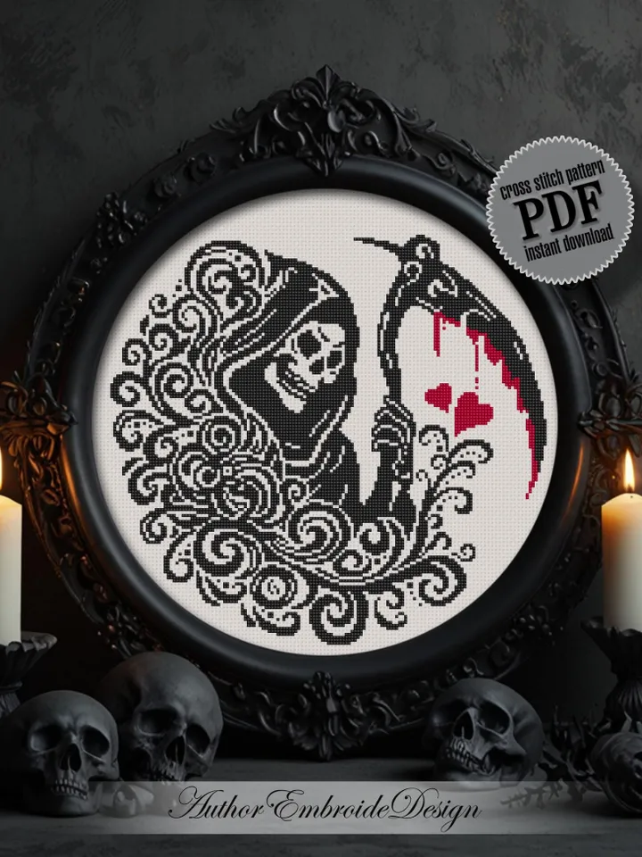 Grim reaper cross stitch pattern PDF download Gothic cross stitch chart, Gothic Halloween pattern digital PDF, Death with a scythe #H78
