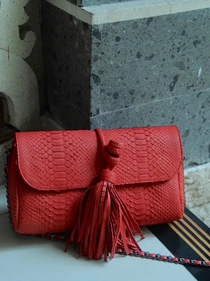 Genuine Python Skin Clutch with tassel |women purse | exotic leather bags | red classy evening clutch | designer crossbody bag handmade