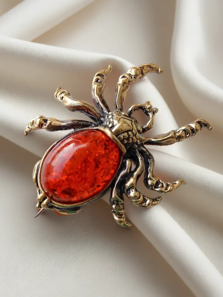 Spider Insect Brooch Pin Gold Tone Red Amber Jewelry Dress Jacket Brooch Lapel Pin for Her Women Men Beetle Brooch unique handmade jewelry