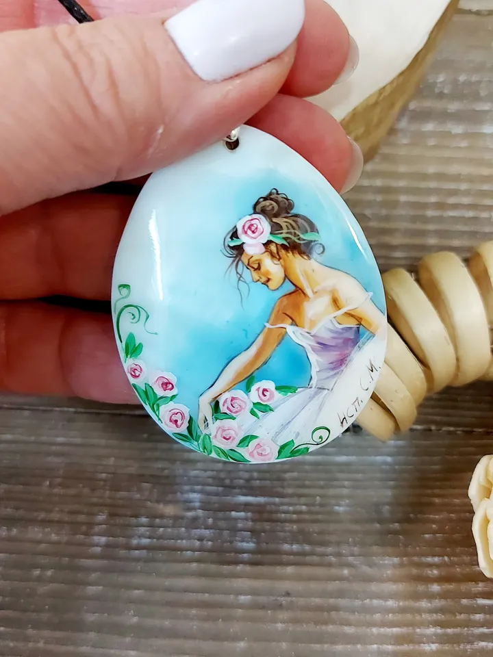 Mother of pearl Russian hand-painted Necklace pendant "Charming Ballerina" Hand paint necklace pendant