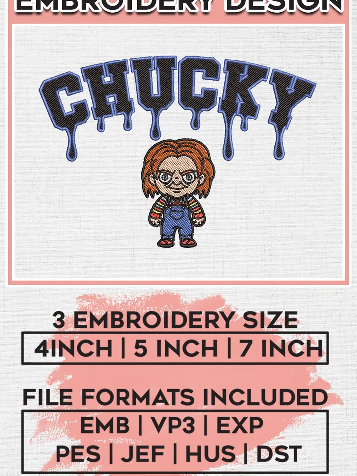Chibi Chucky Halloween Drop Name Embroidery designs, Horror Movie Halloween Machine embroidery designs, Horror Character embroidery files, Machine Embroidery Digitized Pes Files, Digital Download