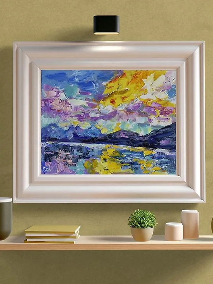 Sunrise Landscape Original Oil Painting Sky Lake Artwork Nature Mountains 油畫原作