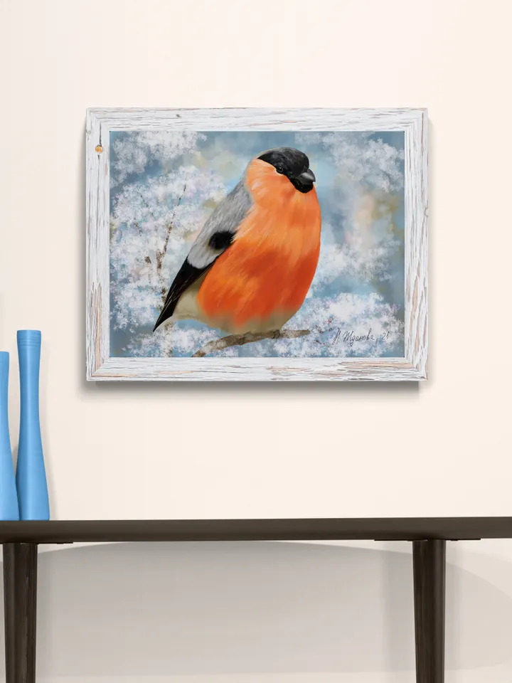 Bird bullfinch painting digital art | Bullfinch hand drawing | Cute bird drawing realistic for card, print, poster, wall art.