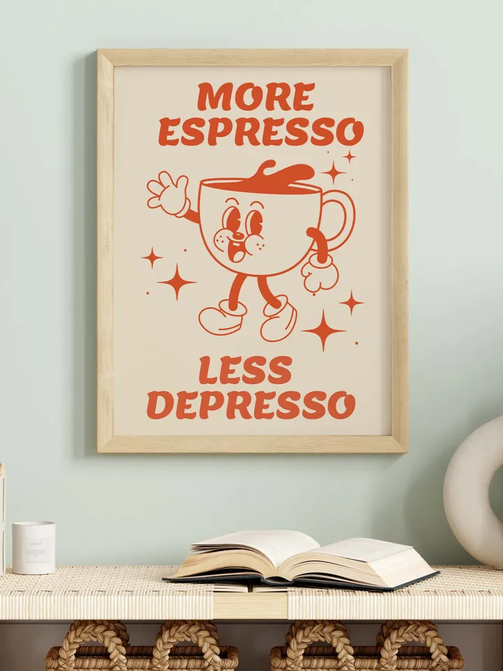 Espresso Digital Wall Art, Coffee Lover Art Print, More Espresso Less Depresso Print, Retro Coffee Quote Print, Trendy coffee poster