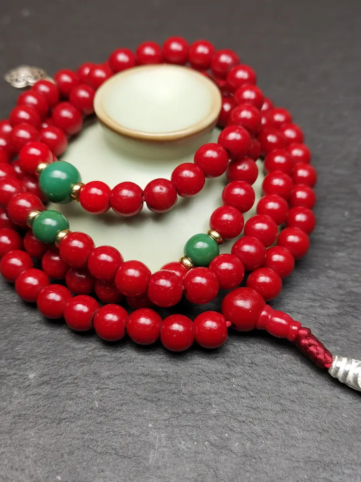 Gandhanra Old Tibeatan Red Glass Mala,8mm Prayer Beads with Turquoise Beads Silver Dzi Bead