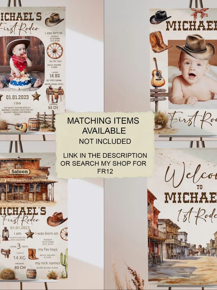 First Rodeo Wild West Birthday Invitation template; Wild West My First Rodeo Bday Western Invite ; Our Little Cowboy is One; Cowboy fr12