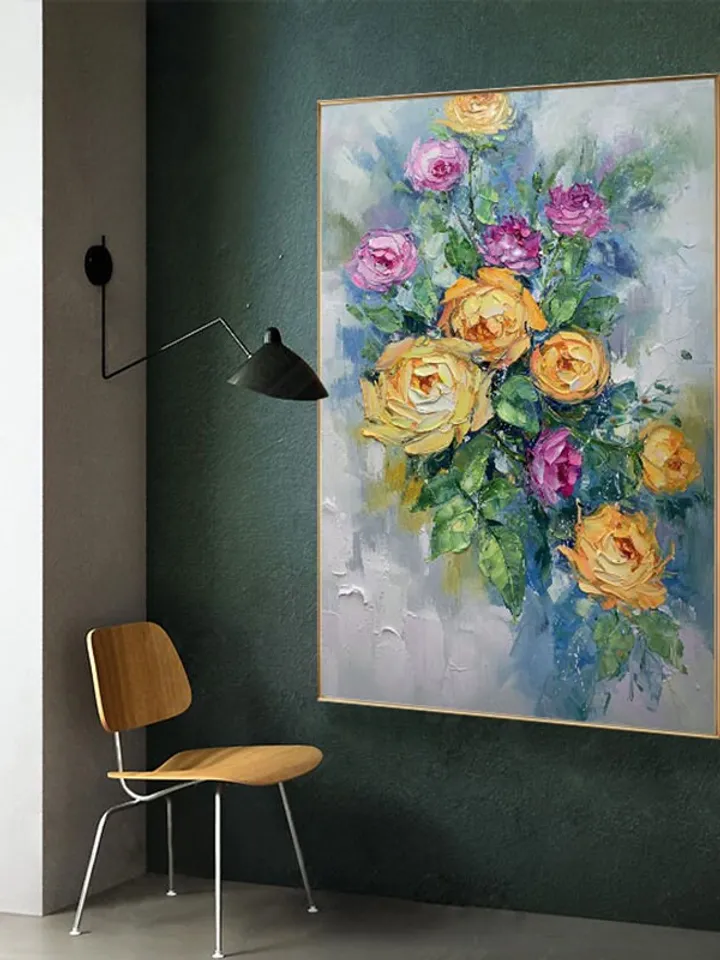 Original Rose Oil Painting On Canvas, Abstract Yellow Peony Flower Painting, Large Wall Art, Living Room Wall Decor, Custom Acrylic Painting