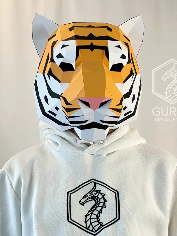 Tiger Mask Papercraft, Cat, Digital Template, PDF Download, Gurko, 3D Low Poly Animal Mask, DIY Origami, Pepakura, Paper Mask, DIY Costume