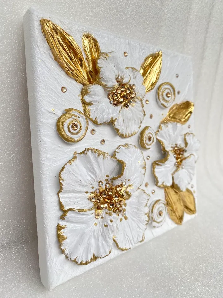 Gold and White Floral artwork with crystals | Poppy Textured painting Flower original art by Juliya JC