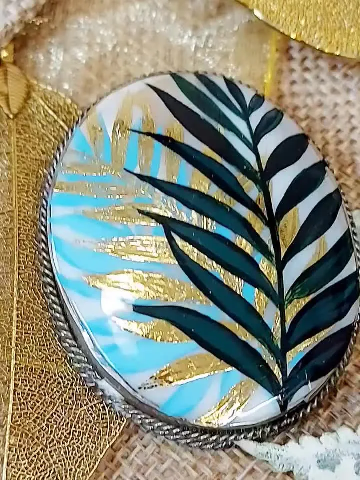 Brooches for women: Green leaves on pearl brooch for girl summer dress • trendy handmade jewelry • dainty painted pin with botanical design