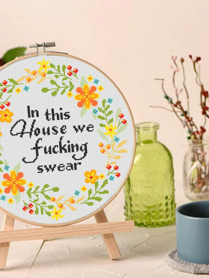Framed quote cross stitch pattern Flower wreath cross stitch Instant download PDF, Floral frame design, In this house we fucking swear #Q24