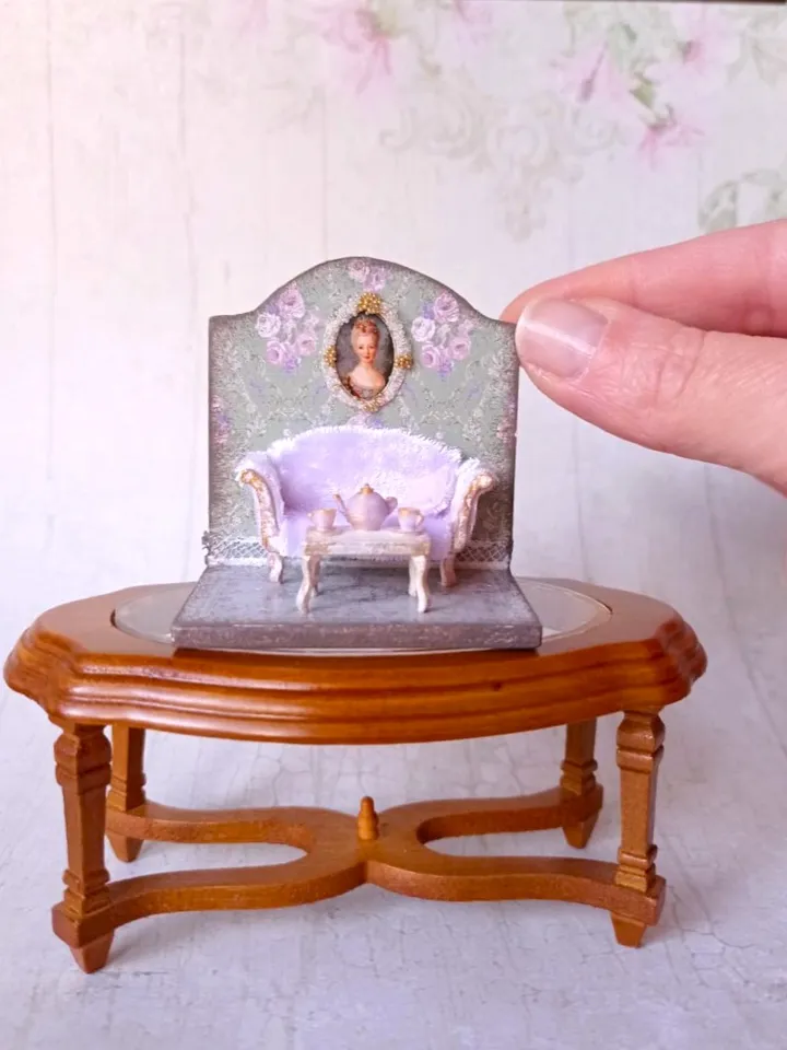 Miniature Tea Room Roombox, A 1/48 scale miniature Dollhouse with furniture, accessories and tea set