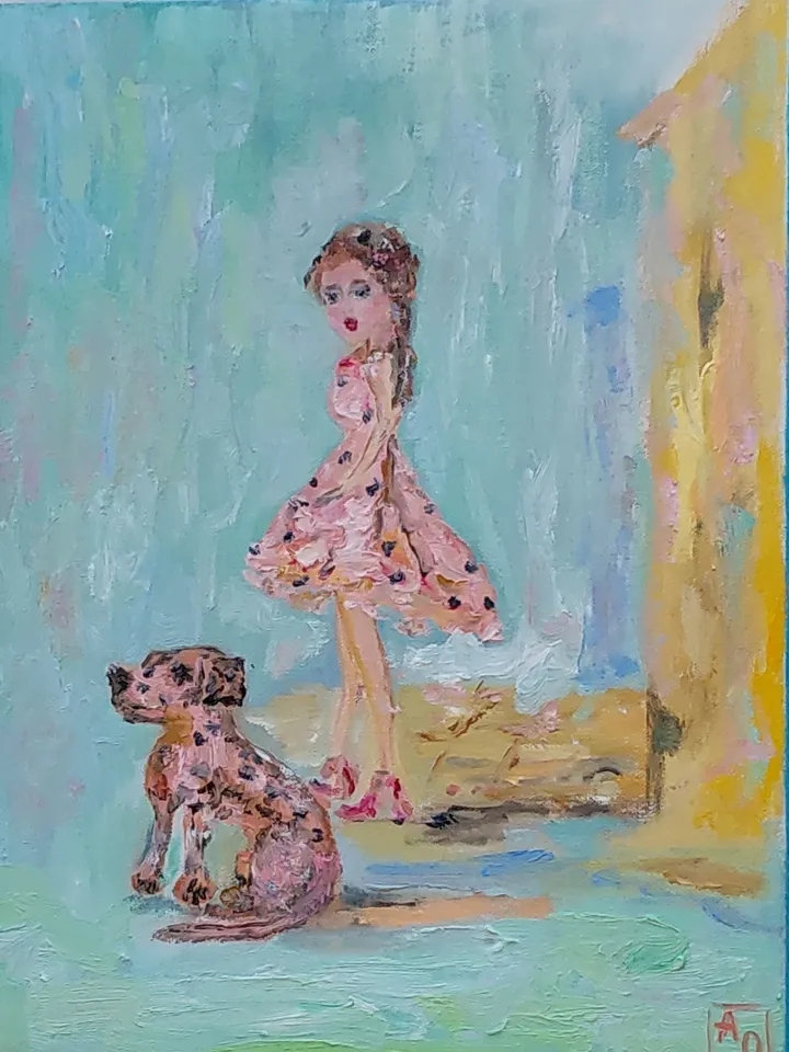 "Walking with a dog" oil painting on canvas 30x40cm (12x16 inch)