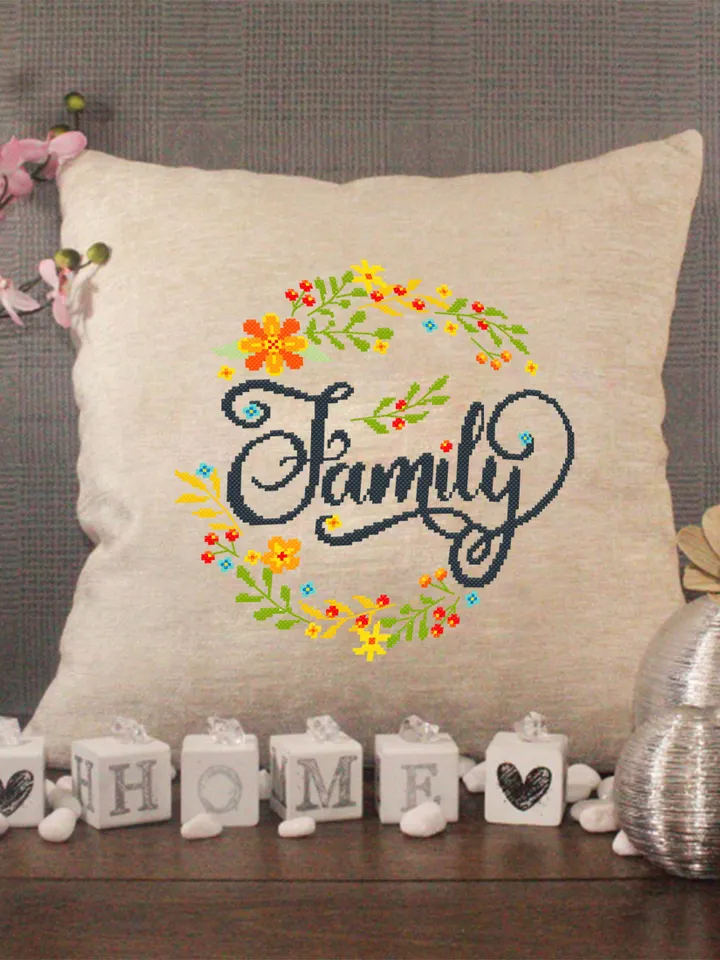 Family sign cross stitch pattern download PDF Framed quote cross stitch chart, Flower wreath cross stitch, Family wall decor #Q19