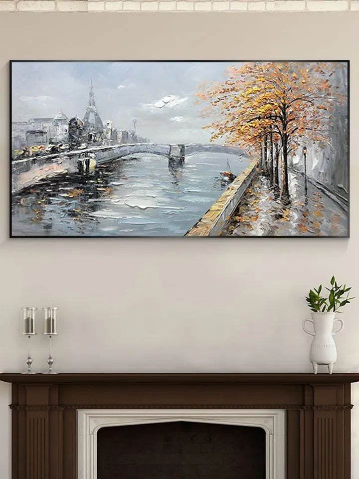 Large Original Oil Painting on Canvas,Abstract Art,Boho Wall Decor,Lake,Trees,Landscape,Bridge,Nature,Living Room Painting, Large Wall Art