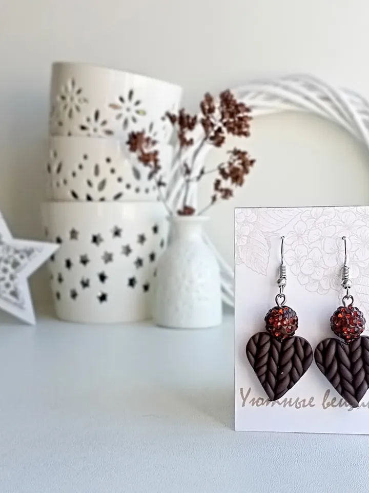 Dangle brown earrings/Heart shaped birthday polymer clay earrings/Heart Earrings/Lightweight earrings/Handmade Jewelry