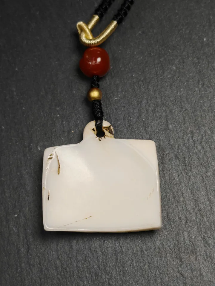 Old Shell Carved Amulet Badge with Tibetan Letters - Part Mantra of Guru Rinpoche, Gandenla Tibetan Protection Charm, Spiritual Gift