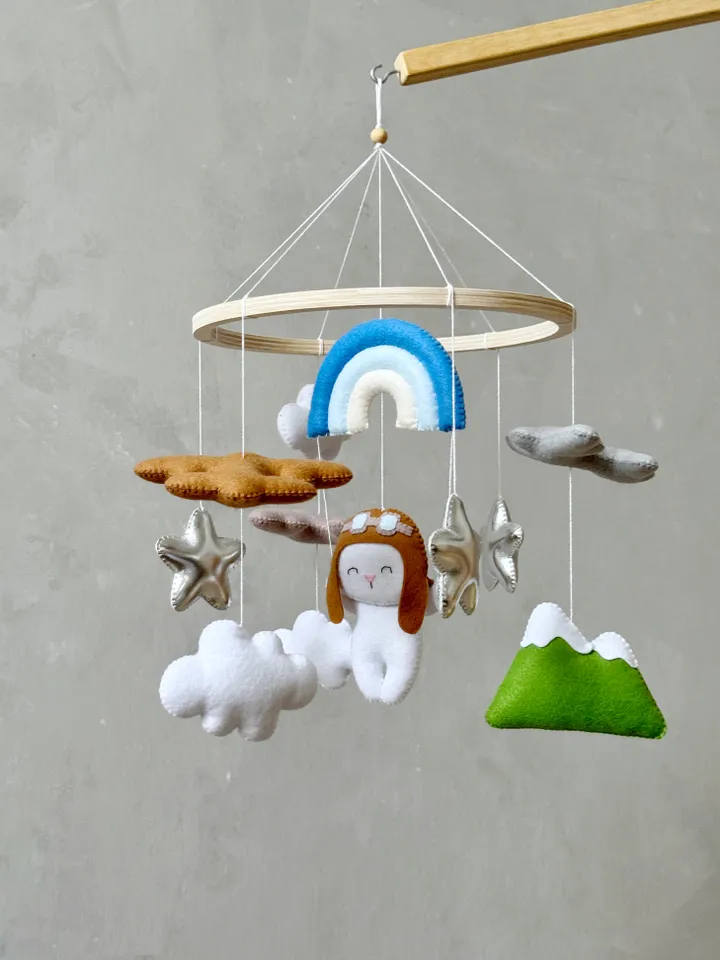Bunny pilot baby mobile boy airplane, Travel nursery crib mobile