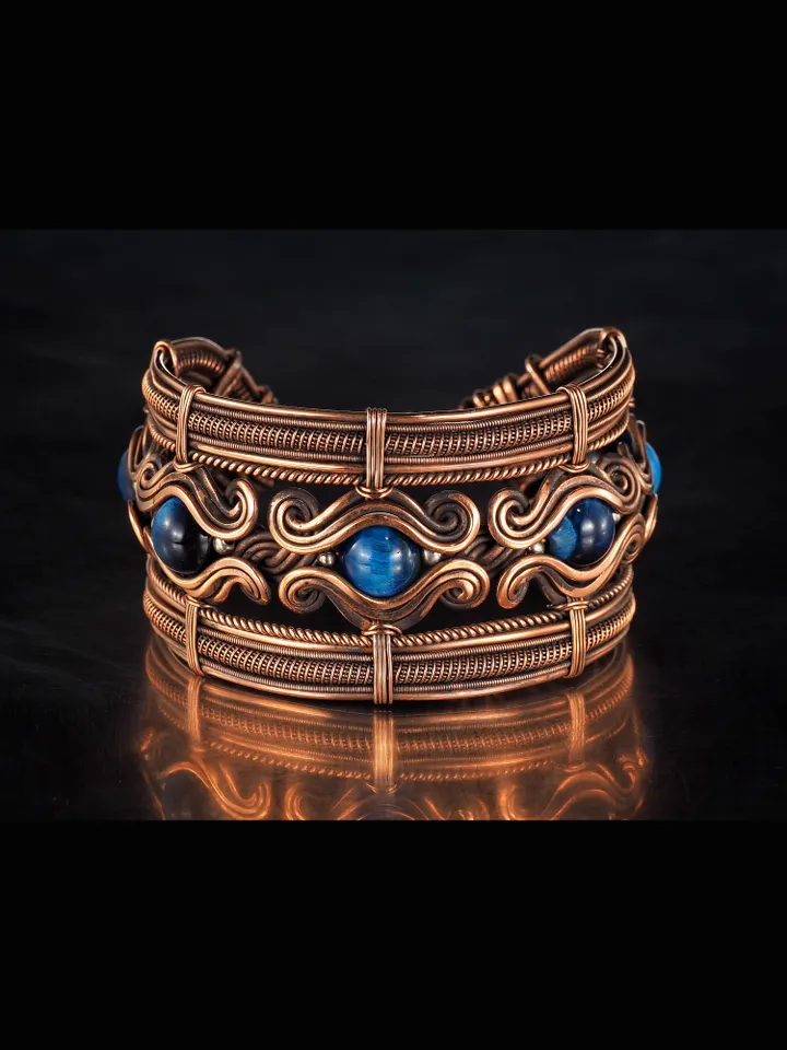 Copper wire bracelet with natural falcon eye, 7th Wedding Anniversary gift