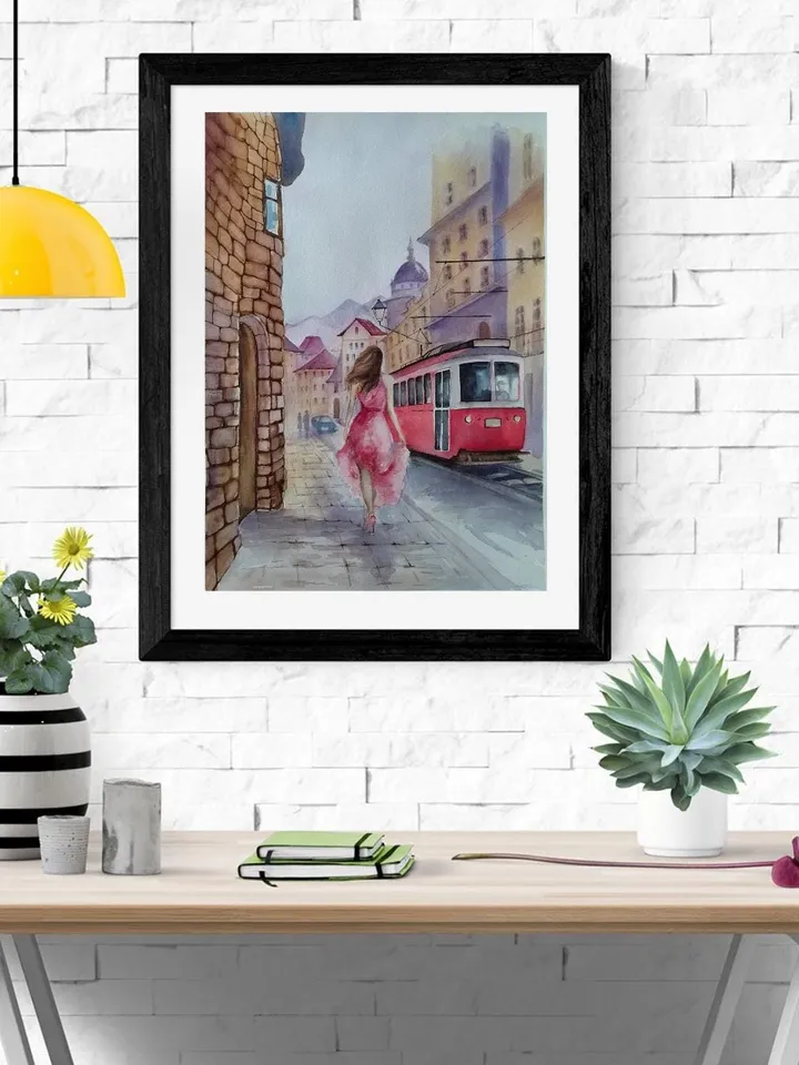 Red Tram Painting Original Watercolor Art Urban Landscape Arwork Old Street Picture Girl Dress 11.81x15.74 in by SoftWaves