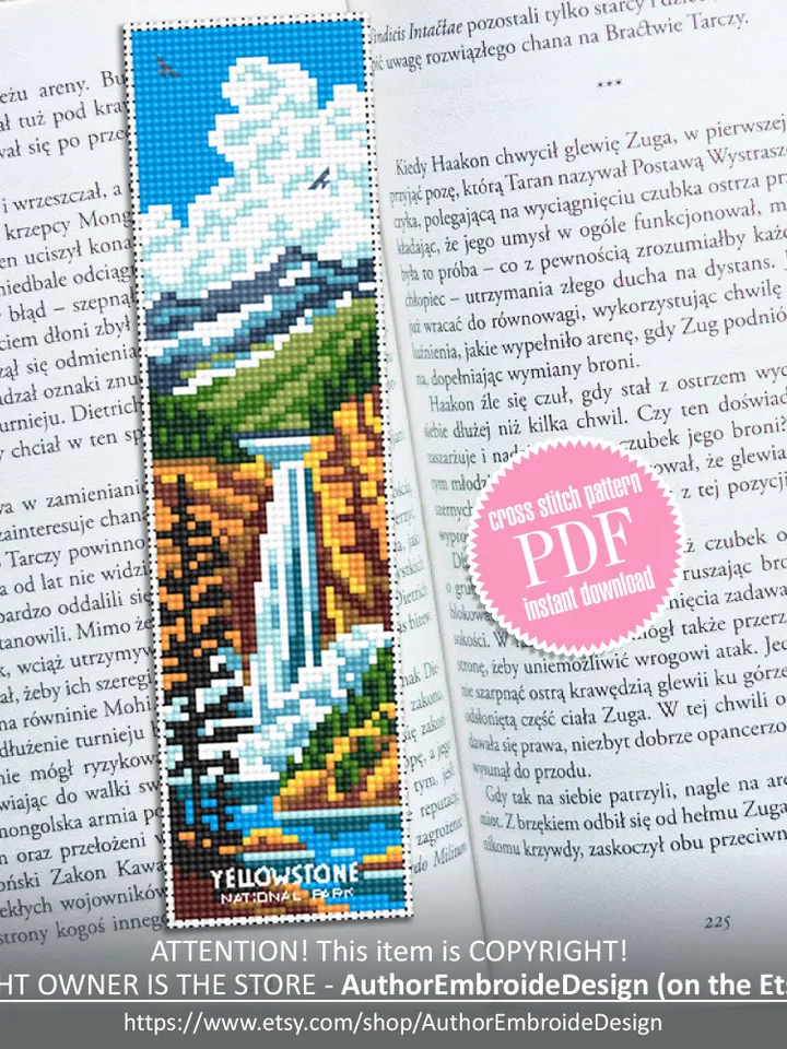 Yellowstone National park bookmark cross stitch pattern PDF download, Nature cross stitch chart, Mountain waterfall Bookmark pattern #B223