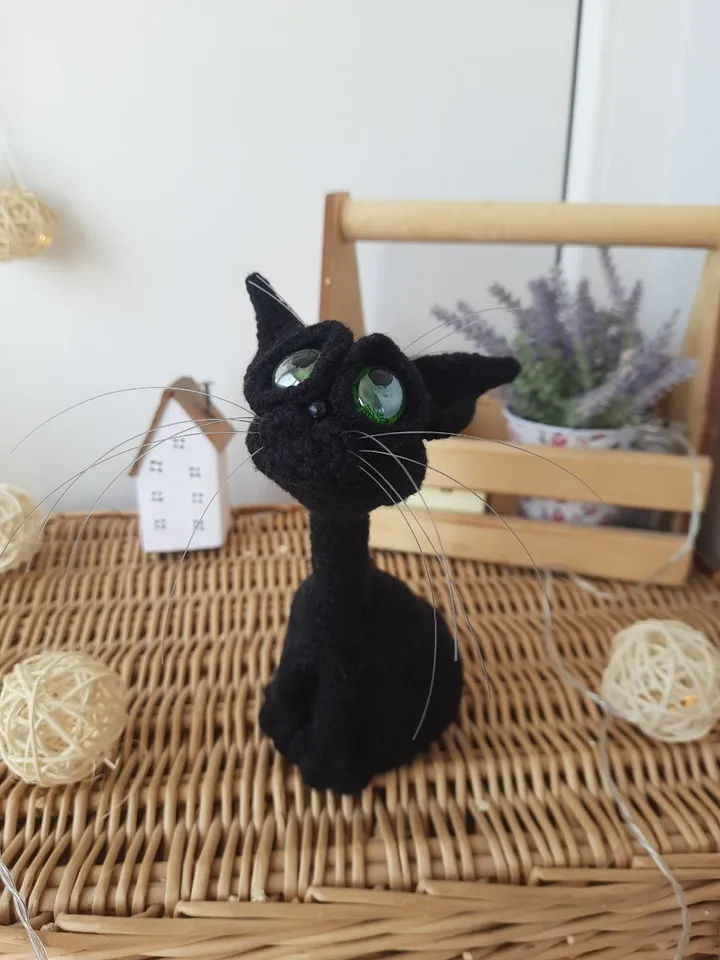 Black cat with Green eyes sculpture realistic pet replica 6 inch. Handmade custom interior Sphynx cat toy for house decor