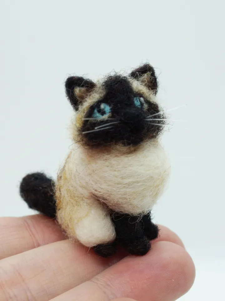 Miniature needle felted longhaired Siamese cat, made to order