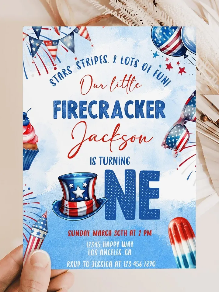 Firecracker 1st birthday invitation, Our little firecracker is turning one invitation, Firecracker invite Editable template - FC001