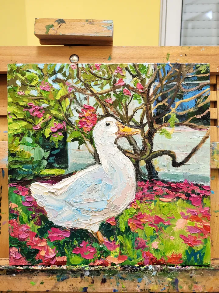 Duck Painting Magnolia Painting Original Art Impasto Oil Painting 10x10 Animal Painting Landscape Painting Magnolia Tree Art Birthday Gift by ArtFromVictoria