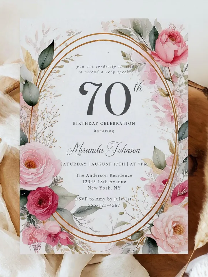 70th Birthday Invitation for Women – Blush Pink & Gold Floral, Elegant Printable Party Invite for Grandma or Women, Digital Canva Template