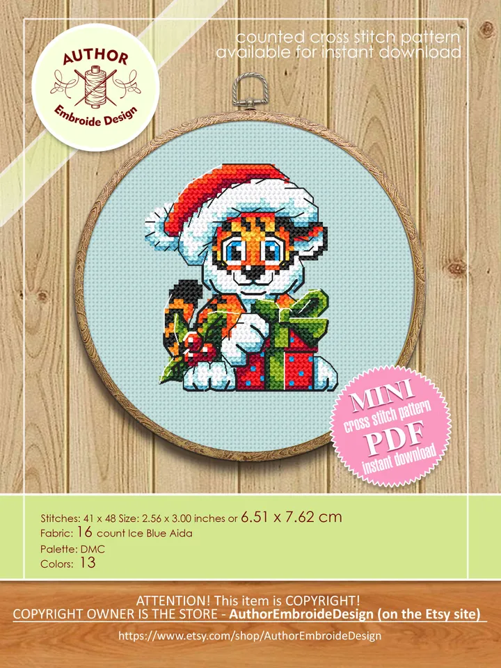 Cute Christmas tiger cross stitch pattern download PDF Small Christmas pattern digital Quick cross stitch chart Baby animal embroidery #N28