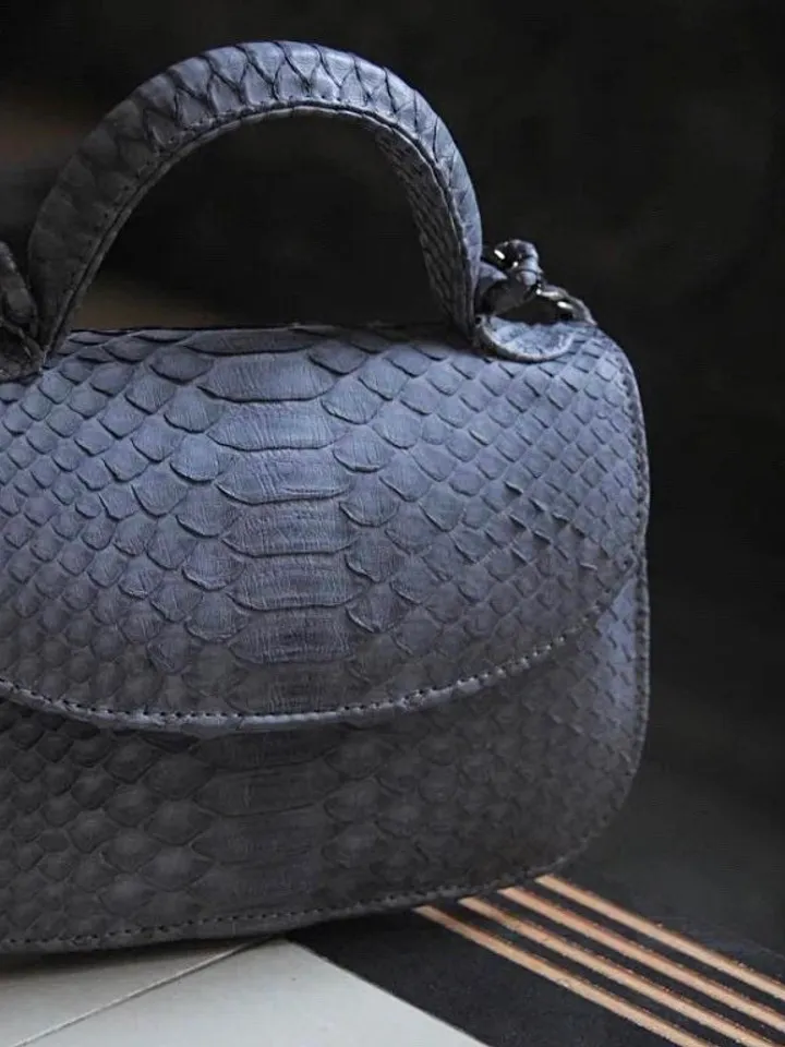 Genuine Python Skin Top Handle Gray Crossbody Bag | Exotic Leather Bags | Snakeprint Bag | Handmade Designer Bag | Gift For Her