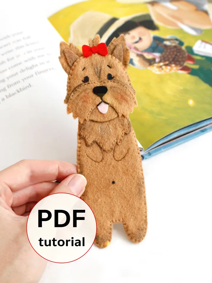 Felt long Yorkshire terrier bookmark hand sewing PDF tutorial with patterns. DIY dog breed bookmark. Book and pets lover gift. Felt school supplies