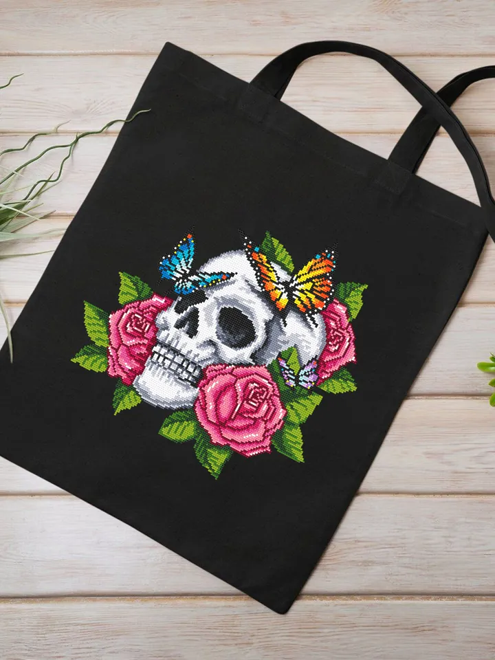 Human skull with flowers cross stitch pattern PDF download Gothic cross stitch chart, Day of the dead, Floral skull embroidery PDF #H59