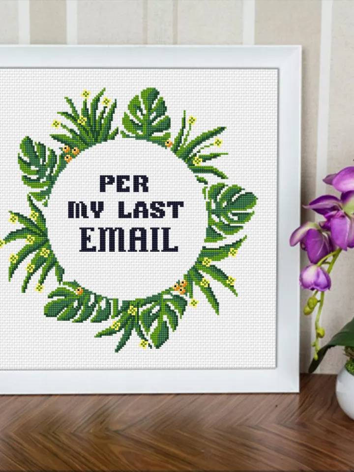 Monstera leaf wreath cross stitch pattern PDF download Per my last email Quote cross stitch chart, Greenery border pattern digital PDF #Q36